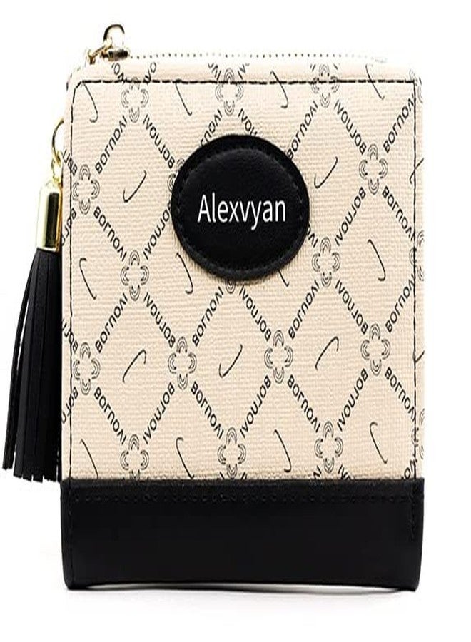 أليكسفيان محفظة أليكسفيان سوداء صغيرة ثنائية الطي للنساء - محفظة متعددة الاستخدامات من الجلد الصناعي | حامل بطاقات ائتمان | جيب للعملات المعدنية بسحاب - حافظة بطاقات صغيرة آمنة / محفظة هدايا للنساء والفتيات بنمط تجريدي - Image 1